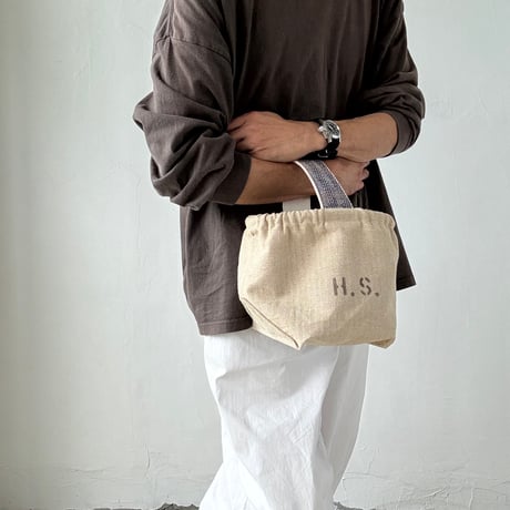 Vintage herringbone linen bucket bag