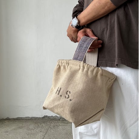 Vintage herringbone linen bucket bag