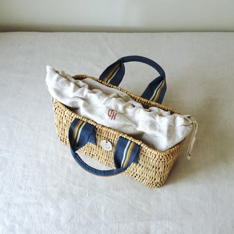 1930's espadrille tape tote basket + Antique cloth pouch