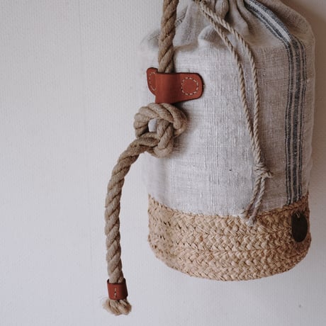 raffia basket + 1900's vintage home spun linen  with vintage rope