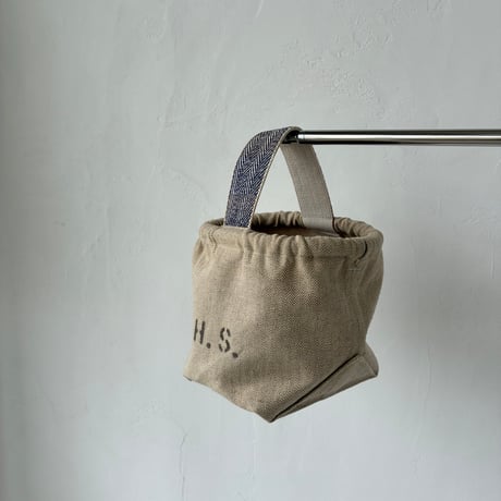 Vintage herringbone linen bucket bag