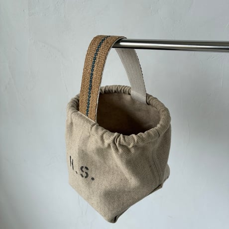 Vintage herringbone linen bucket bag