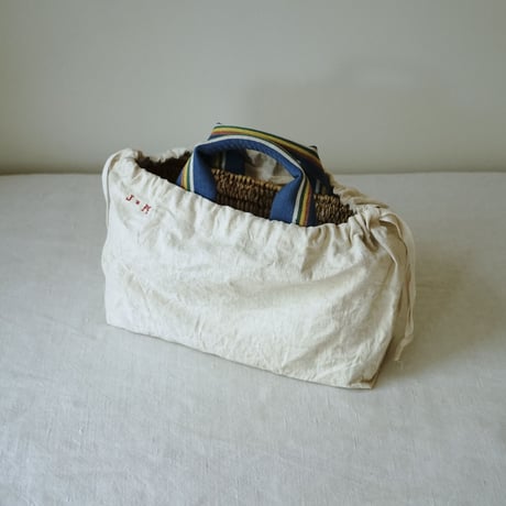 1930's espadrille tape tote basket + Antique cloth pouch