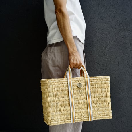 1930's French tape tote bag 『Square XL』with antique linen pocket
