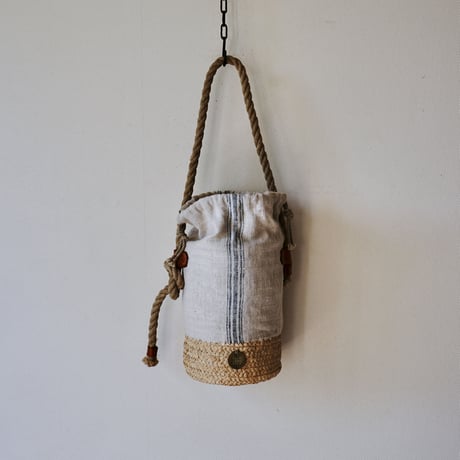 raffia basket + 1900's vintage home spun linen  with vintage rope