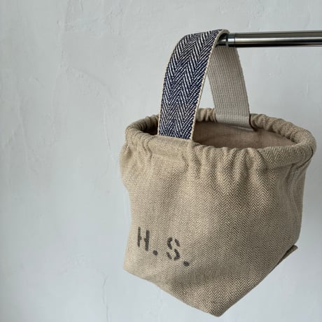 Vintage herringbone linen bucket bag