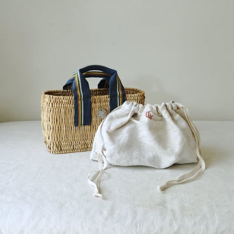 1930's espadrille tape tote basket + Antique cloth pouch