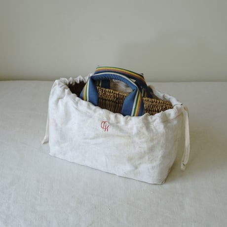 1930's espadrille tape tote basket + Antique cloth pouch