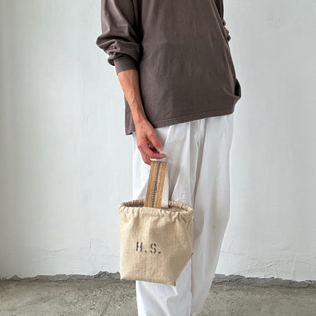 Vintage herringbone linen bucket bag
