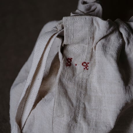 OLD JUTE & LEATHER TAB BAG + antique cloth pouch