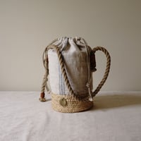 raffia basket + 1900's vintage home spun linen  with vintage rope