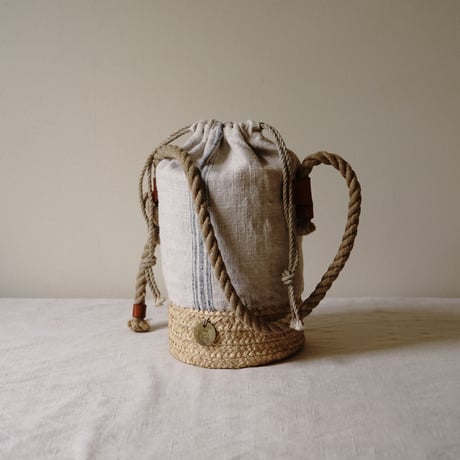 raffia basket + 1900's vintage home spun linen  with vintage rope