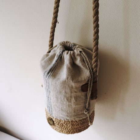 raffia basket + 1900's vintage home spun linen  with vintage rope