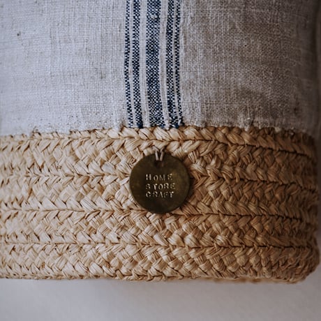 raffia basket + 1900's vintage home spun linen  with vintage rope
