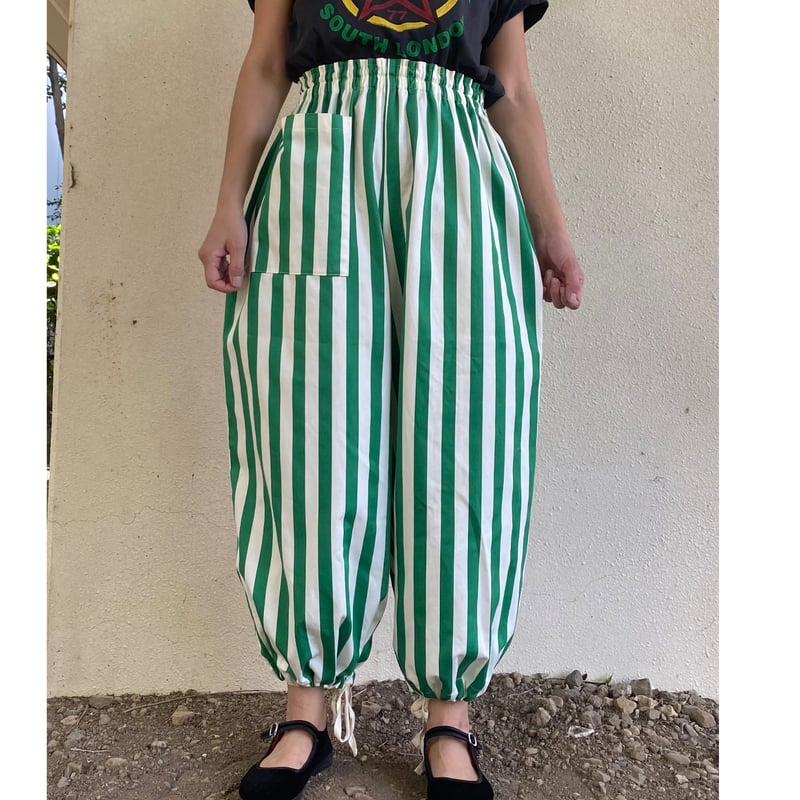 太ストライププリント極太もんぺパンツ white×greenストライプ 太ストライププリント極太もんぺパンツ white×greenストライプ