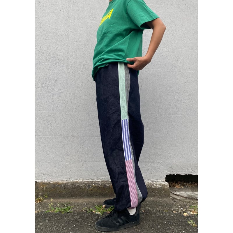 岡山デニム 脇ストライプ生地パッチワークパンツ | サリダ