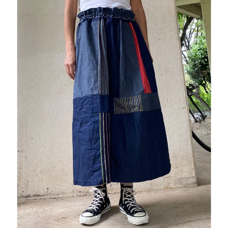 遠州綿紬 × 岡山デニム パッチワークスカート | サリダ