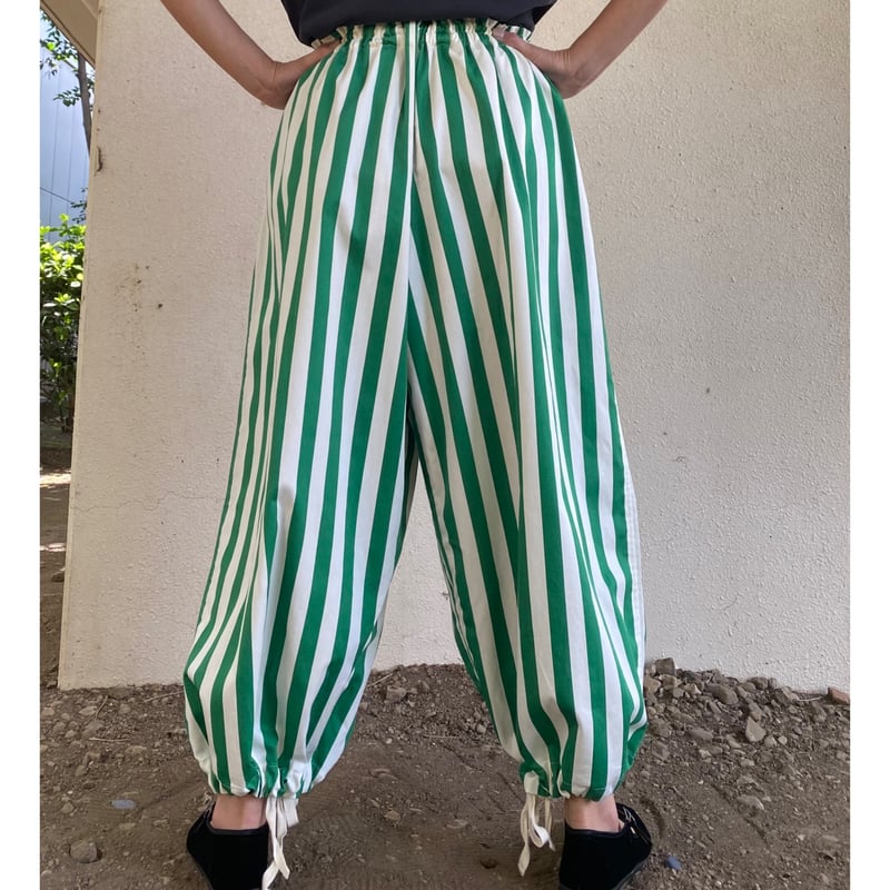 太ストライププリント極太もんぺパンツ white×greenストライプ | サリダ