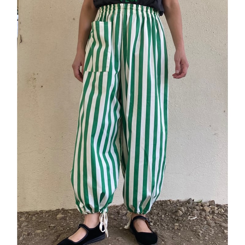 太ストライププリント極太もんぺパンツ white×greenストライプ 太ストライププリント極太もんぺパンツ white×greenストライプ
