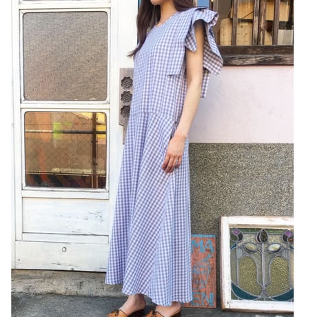 QFD／cotton dress  gingham check grey