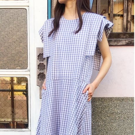 QFD／cotton dress  gingham check grey
