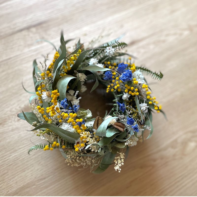 ミモザとデルフィニウムのフルラウンドリース | morinowa's STORE