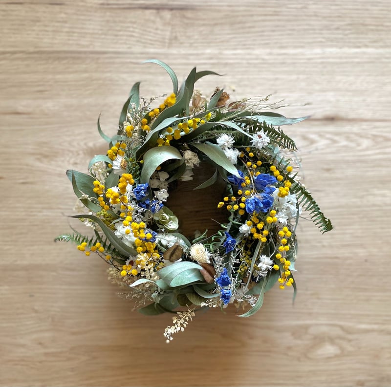 SALE ミモザとデルフィニウムのリース ミモザとデルフィニウムのフルラウンドリース | morinowa's STORE