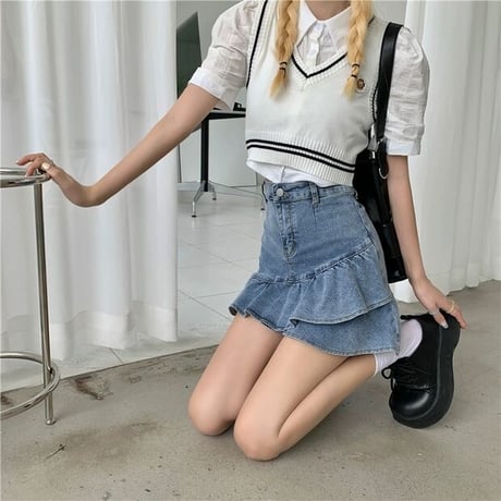 フリルスカート ミニスカート デニムスカート ブルー 00126