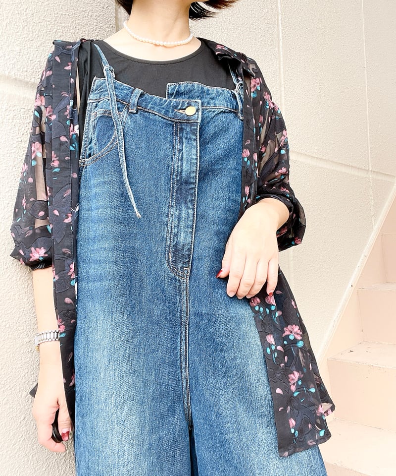 デニムリメイク★なんと！丈フリー変型サロペット リメイク風サロペットデニムワイドパンツ | TO