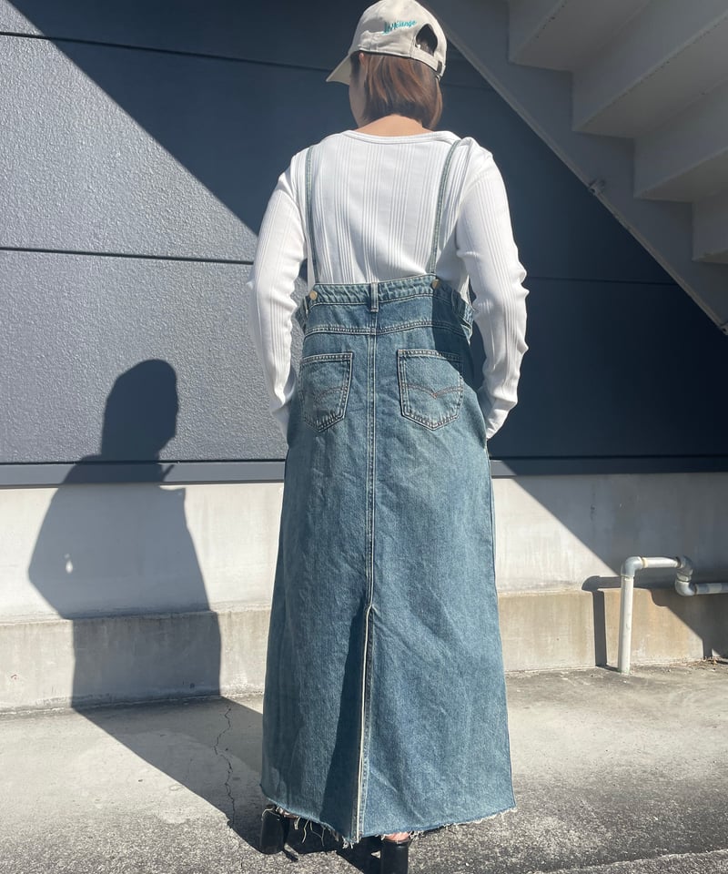 デニムリメイク　ロングスカート　ジャンスカ　ハンドメイド PaulineBleu | リメイク風デニムジャンパースカート | TO