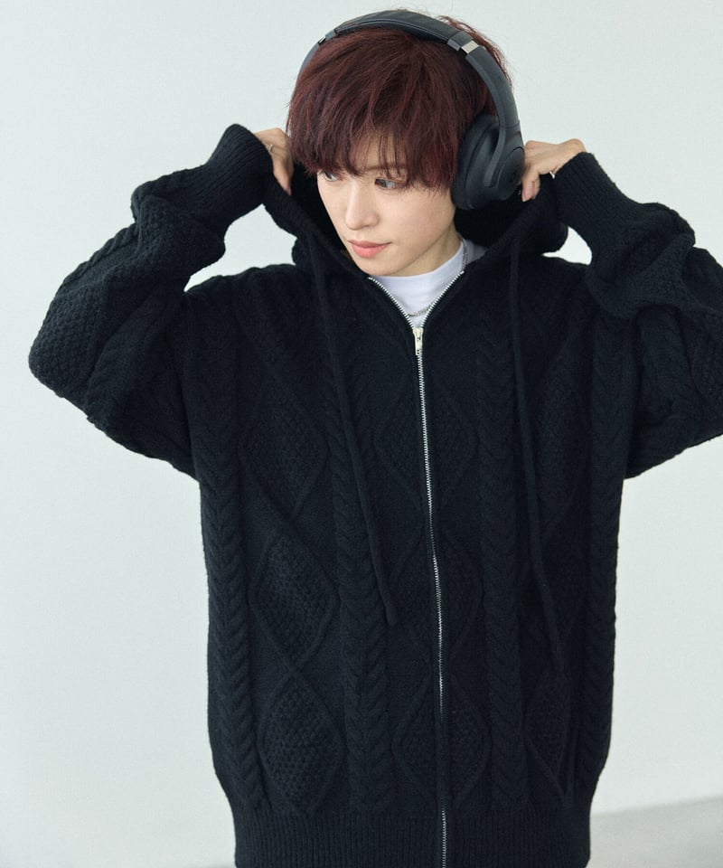 フードジップ ケーブルニットカーディガン【2 color】 | BOYSHE