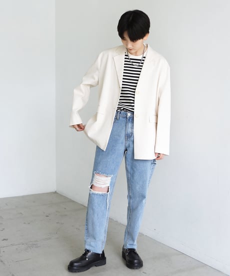 ハイウェストストレートダメージデニムパンツ 裾カットオフ【2 size】