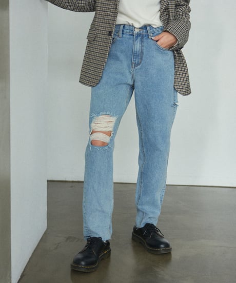 ハイウェストストレートダメージデニムパンツ 裾カットオフ【2 size】