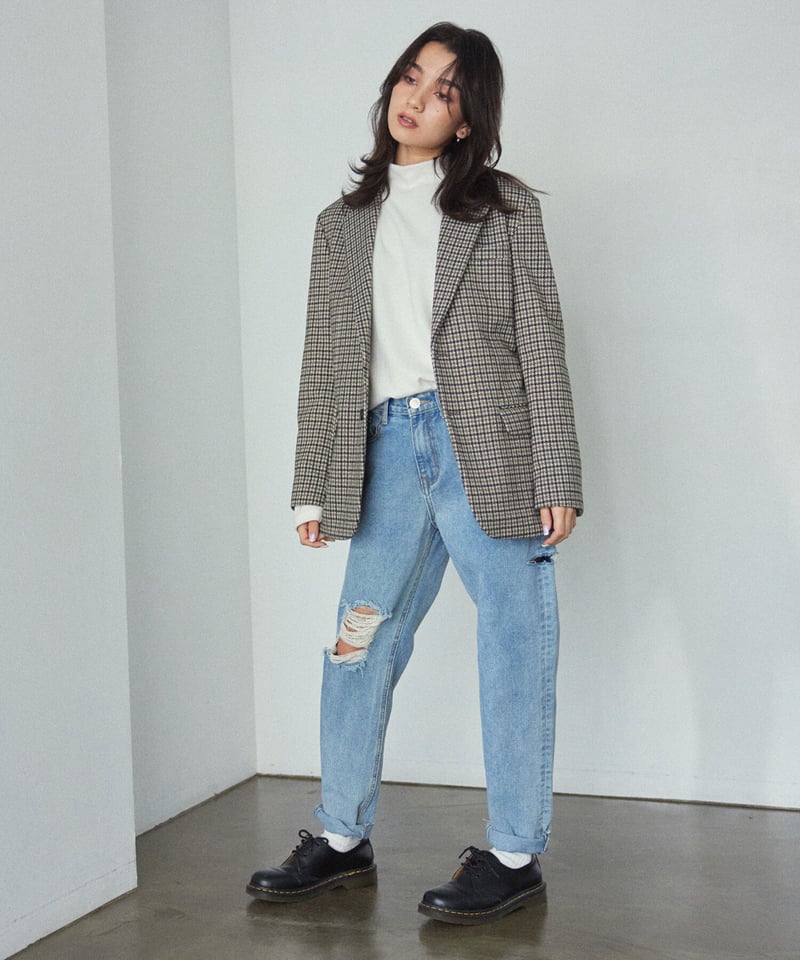 ハイウェストストレートダメージデニムパンツ 裾カットオフ【2 size 