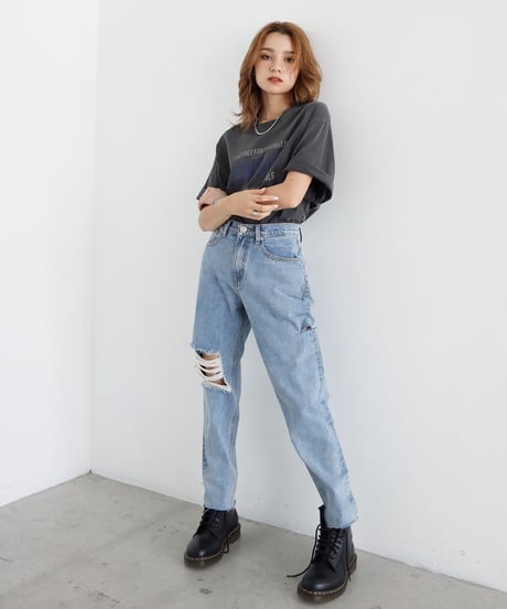 ハイウェストストレートダメージデニムパンツ 裾カットオフ【2 size】