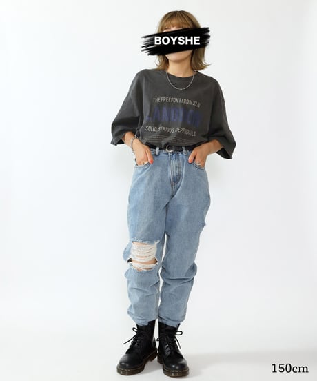 ハイウェストストレートダメージデニムパンツ 裾カットオフ【2 size】