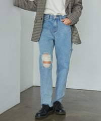 ハイウェストストレートダメージデニムパンツ 裾カットオフ【2 size】
