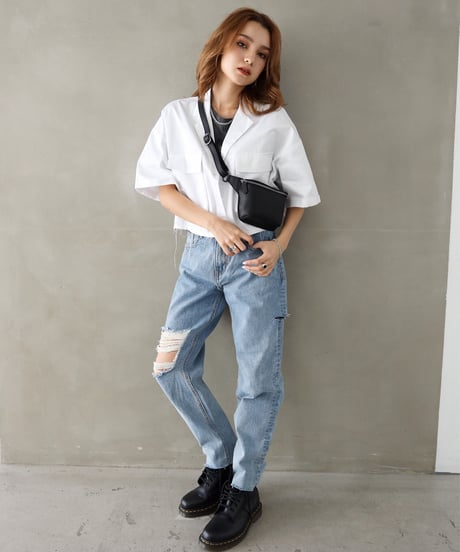 ハイウェストストレートダメージデニムパンツ 裾カットオフ【2 size】