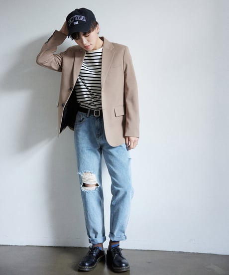 ハイウェストストレートダメージデニムパンツ 裾カットオフ【2 size】