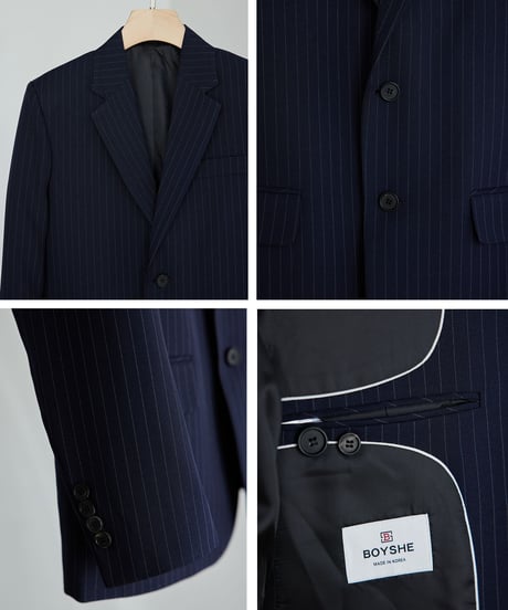 《BOYSHE Stripe Suit》シングルブレスト＆スリムスラックス【セットアップ】ストライプ ネイビー