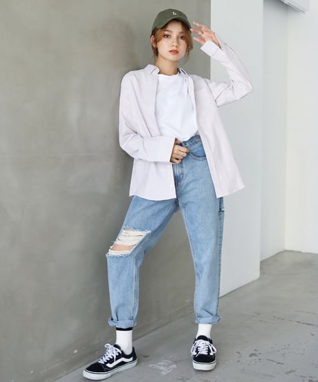 ハイウェストストレートダメージデニムパンツ 裾カットオフ【2 size】