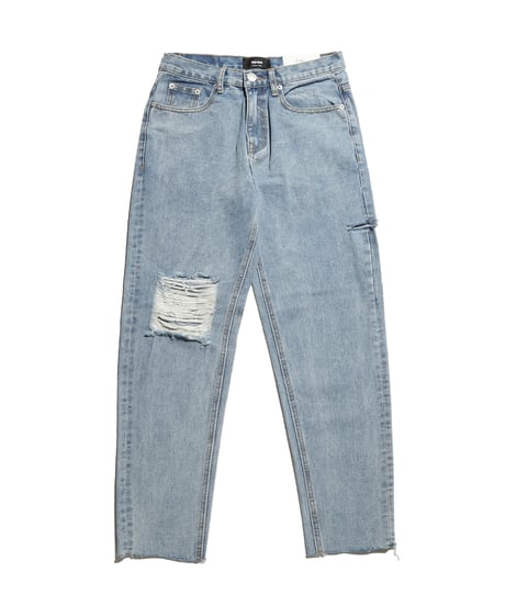 ハイウェストストレートダメージデニムパンツ 裾カットオフ【2 size】