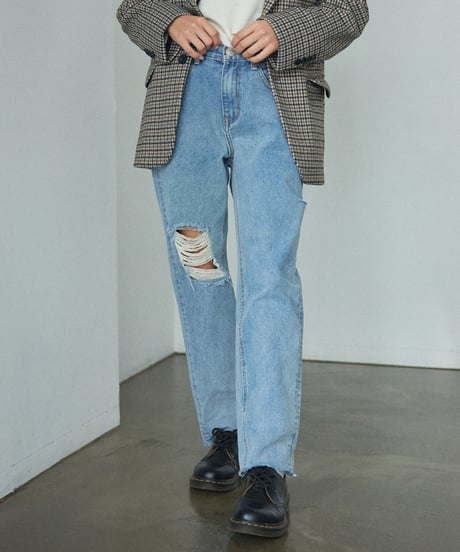 ハイウェストストレートダメージデニムパンツ 裾カットオフ【2 size】