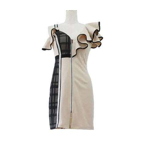 フリルアシメスリーブミニタイトドレス(h147)