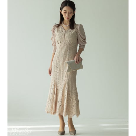 シャーリングスリーブレースミモレ丈ドレス( gr22010)