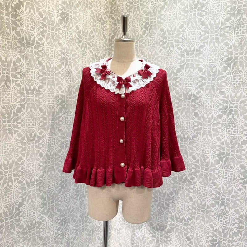 リズリサ　レース付き赤チェックポンチョ リズリサ レース付き赤チェックポンチョ ミルフィーユレースポンチョ