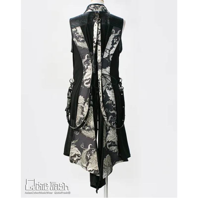 Qutie Frash　腕出し ロング ベスト Qutie Frash / ジャガードロングベスト 黒×グレー H-26-01-11-036-QU