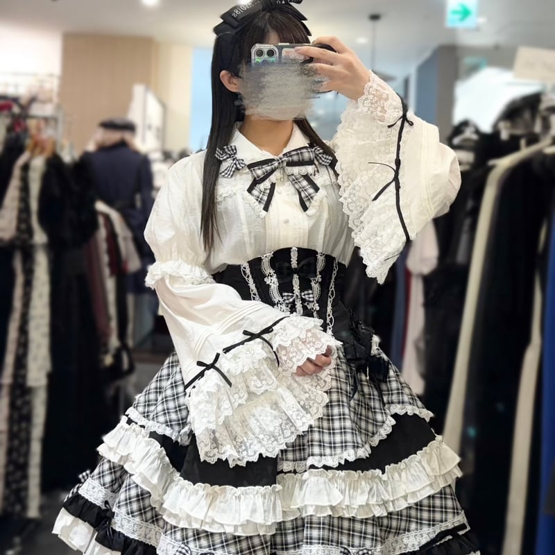 星箱works ホイップクリームホールケーキ ブラウス スカート セット 星箱Works】ホイップクリームホールケーキ 姫袖付きチェックリボン