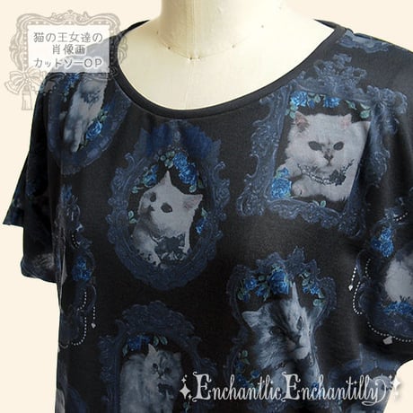 【Enchantlic Enchantilly】猫の王女達の肖像画カットソーワンピース(黒×青)/007-308-92