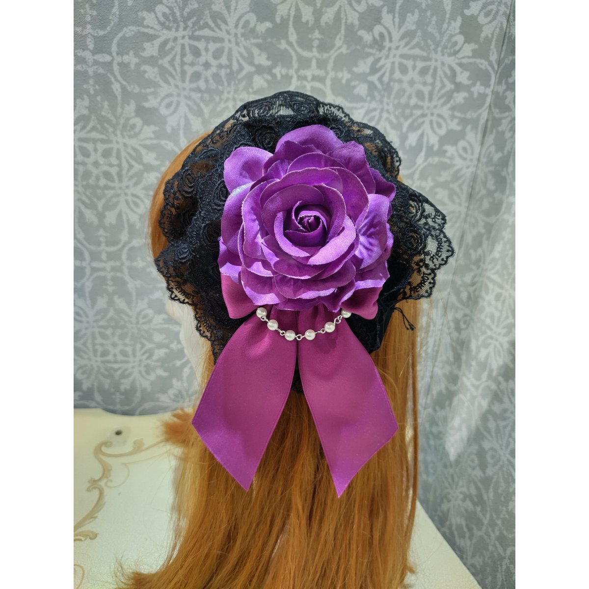 Moitie ネオゴシックアーチ薔薇カチューシャ ATELIER-PIERROT】薔薇レースカチューシャ(黒×紫薔薇)/KKC-01-Mpu